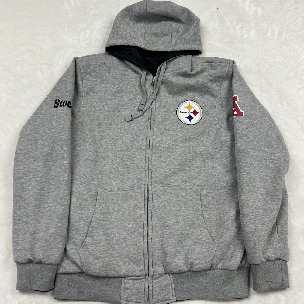 NFL Pittsburgh Steelers Hoodie Mens L Gray Full Zip Quilted Lined Sweatshirt NWT